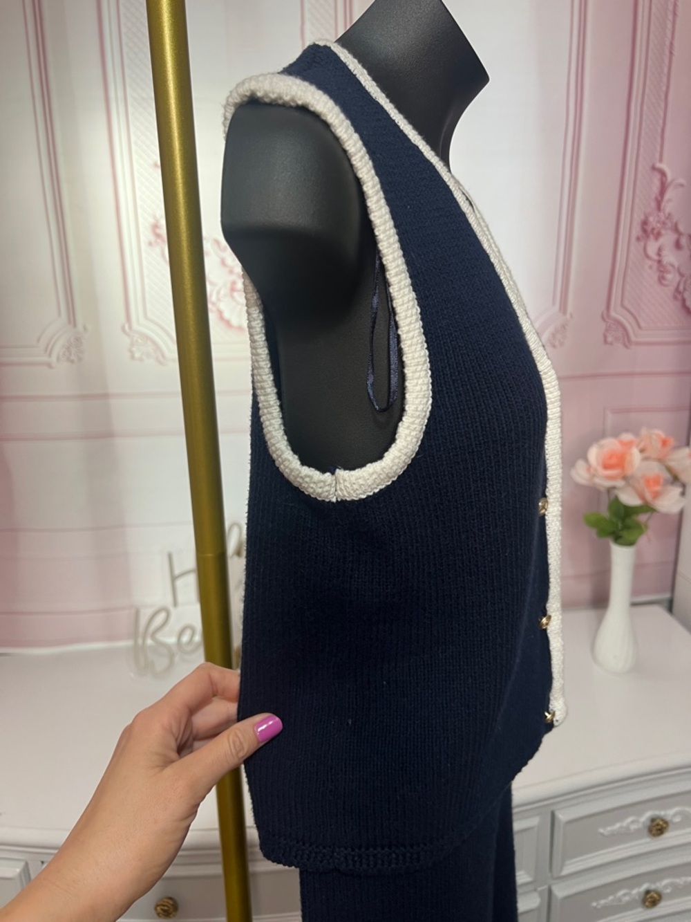Sincerely Jules Navy Wide-Leg Knit Pants & Trimmed Vest Set - Picture 7 of 8
